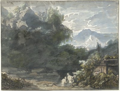 Bathers by an Antique Monument in a Mountainous Landscape by Jacob van Liender