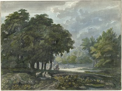 Shepherds with Flock in a Wooded Landscape by Jacob van Liender