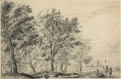 Wooded River Landscape with Three People Fishing by Jacob van Ruisdael