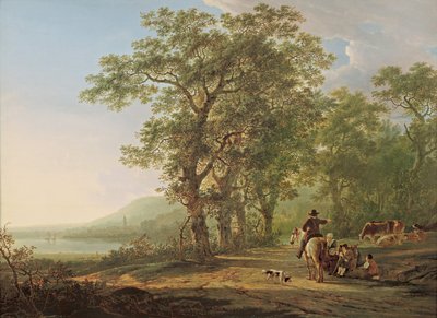 Figures in a forest landscape by Jacob van Strij