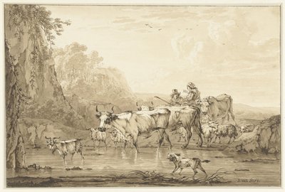 Shepherd and Shepherdess with Cattle and Sheep by a Pool by Jacob van Strij