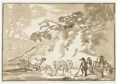 Landscape with Cows and a Shepherd by Jacob van Strij