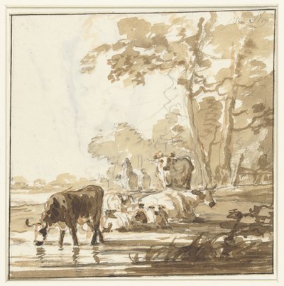 Resting Cattle at a Forest Edge by a Pool by Jacob van Strij
