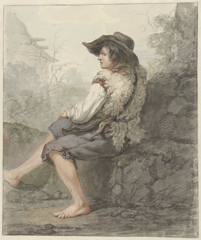 Sitting Boy with Hat and Sheepskin, Facing Left by Jacob van Strij