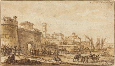 A Coastal Scene with a Fortified Town by Jacob van der Ulft