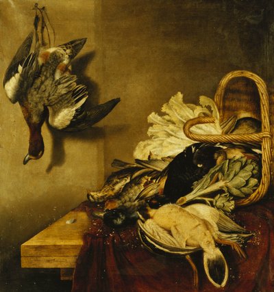 An Overturned Basket of Fowl, a Hare, an Artichoke and Lettuce on a Ledge Draped with a Red Cloth by Jacobus Biltius