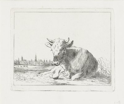 Lying Cow, with a City in the Background by Jacobus Cornelis Gaal