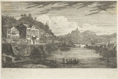 River Landscape with Hotel on the Quay by Jacobus Cornelis Gaal