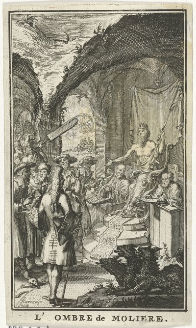 Molière Before the Judges of Pluto (The Shadow of Molière) (Title Page for: The Shadow of Molière, 1683) by Jacobus Harrewijn