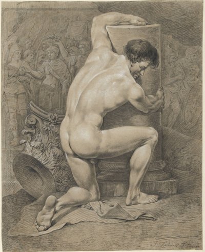 Kneeling Male Nude, Arms Around a Column by Jacobus Johannes Lauwers