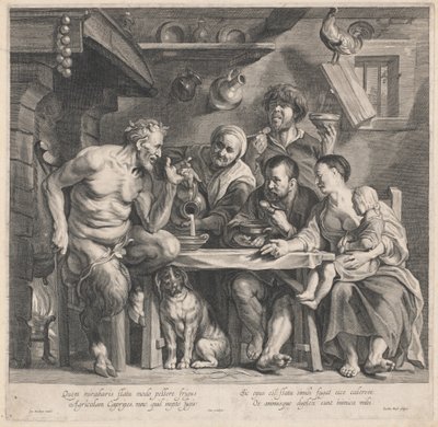 A Satyr Visiting a Peasant Family by Jacobus Neeffs, after Jacob Jordaens