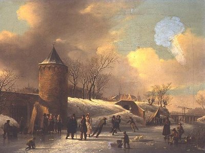 Skaters on a Frozen Waterway by a Tower by Jacobus van der Stok