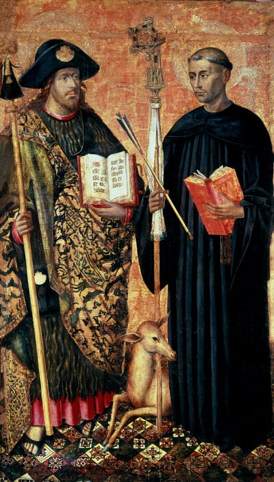 Saint James of Compostela represented in pelerin with the staff, hat and shell. and Saint Gilles the hermit (7th century) by Jacomart (c.1413 61) Baco