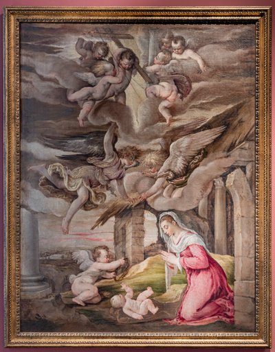 Adoration of Infant Jesus and angels with the instruments of passion by Jacopo (1510 92) Bassano