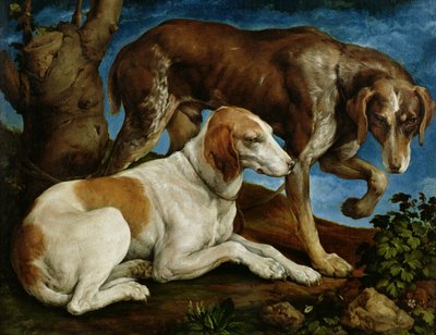 Two Hunting Dogs Tied to a Tree Stump by Jacopo Bassano
