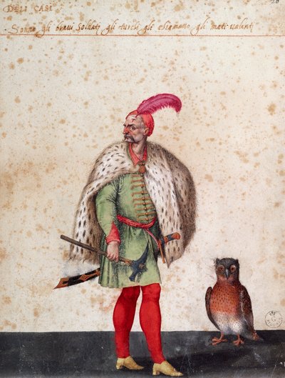 Turkish soldier with owl, drawing by Jacopo Ligozzi by Jacopo Ligozzi