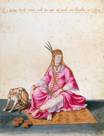 Turkish woman with dog, drawing by Jacopo Ligozzi by Jacopo Ligozzi