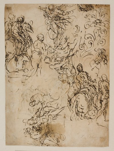 Sketches for Christ Hovering in the Air, Horsemen, a Seated Couple and a Flower Ornament by Jacopo Palma
