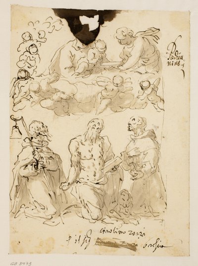 Sts Antony, Jerome and Bernardino Kneeling, with the Virgin and the Infant Christ Surrounded by Child Angels Beyond by Jacopo Palma