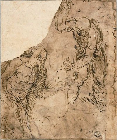 Two Sketches of Male Nudes, One Kneeling, One Standing; Three Sketches: Seated Male Nude, Reclining Male Nude, Male Head in Profile by Jacopo Palma il Giovane