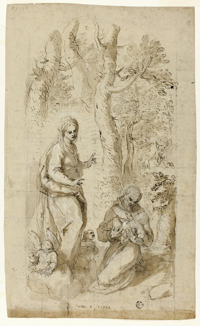 Vision of St. Francis of Assisi (recto); Saint Jerome, Vision of Saint Francis, and Two Small Sketches of St. Francis Holding the Christ Child (verso) by Jacopo Palma il Giovane