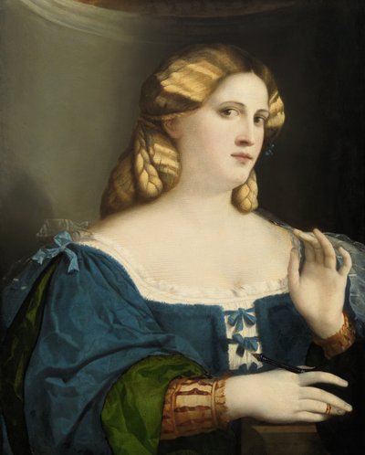 Young Woman in a Blue Dress, with Fan by Jacopo Palma il Vecchio the Elder