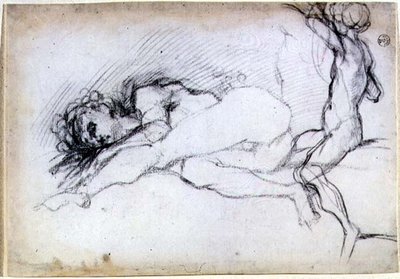 Study of seated and prone figures for a lunette in the saloon at the Villa Medici at Poggio a Caiano by Jacopo Pontormo