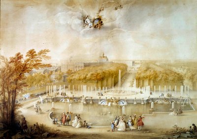 Perspective view of the gardens and parterres du Nord and the castle of Versailles taken from the Basin of Neptune by Jacqes Andre Portail