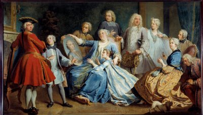 Portrait of Madame Mercier, nurse of Louis XV, surrounded by her family by Jacques  Dumont