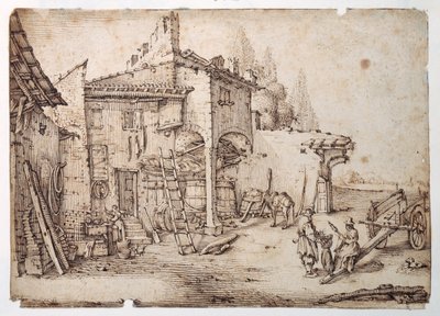 An Italian farmyard by Jacques (after) Callot