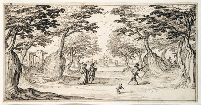 A fine lady and gentleman dancing in the woods to a lute, a chateau in the distance by Jacques Callot
