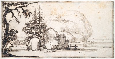 Fantastic rocks by the coast, buildings at the shore by Jacques Callot