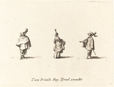 Lady with Dress Gathered Up, and Two Gentlemen by Jacques Callot
