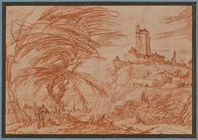 Landscape, on the right a large tower on a hill, on the left a group of trees and several figures by Jacques Callot