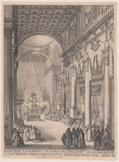 The Catafalque of the Emperor Matthais, also called The Small Preacher, The Funerary Chapel of Florence, Requiem of The Emperor Matthais by Jacques Callot
