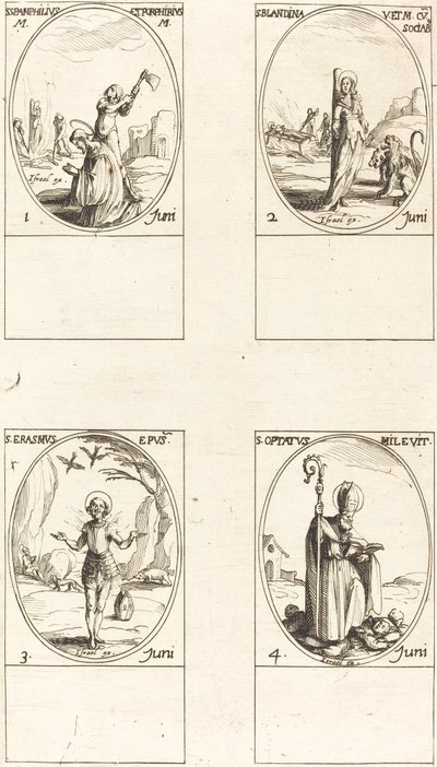 Sts. Pamphilius and Porphyrius; St. Blandina and Companions; St. Erasmus; St. Optatus by Jacques Callot
