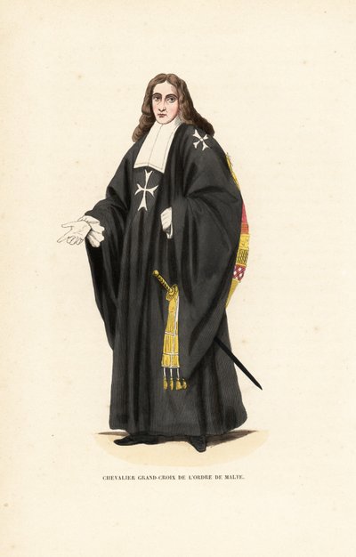 Grand Cross of the Knights Hospitaller, Order of Malta, Order of Knights of the Hospital of Saint John of Jerusalem, Chevalier Grand-Croix de l’Ordre de Malte. Handcoloured woodblock engraving after an illustration by Jacques Charles Bar from Abbot Tiron’s by Jacques Charles Bar