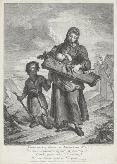 A Young Mother Carrying a Crib by Jacques Dumont Le Romain, finished by Jean Daullé