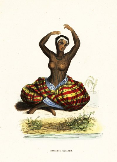 Tattooed and bare-breasted young woman dancing a hula while seated on the ground by Jacques Etienne Victor (after) Arago