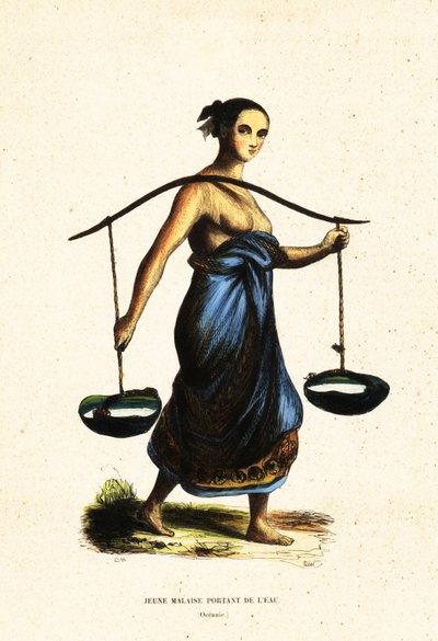 Young Malay Woman Carrying Pales of Water with a Yoke by Jacques Etienne Victor (after) Arago