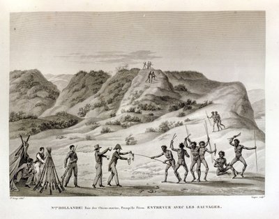 Shark Bay, Peron Peninsula, New Holland: Meeting with the Natives by Jacques Etienne Victor Arago