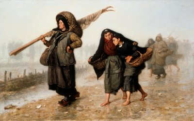 The Shell Gatherers. Peasants, Barefoot or Wearing Clogs, Returning with Their Baskets Filled with Shells and Protecting Themselves from the Rain. Painting by Jacques Eugene Feyen. Private Collection. by Jacques Eugene Feyen