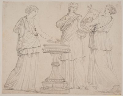 Three Women in Greek Garments at an Altar. Woman on the left with a tablet (?), in the middle with a crown, on the right with a lyre (Terpsichore?) by Jacques Francois Joseph Saly