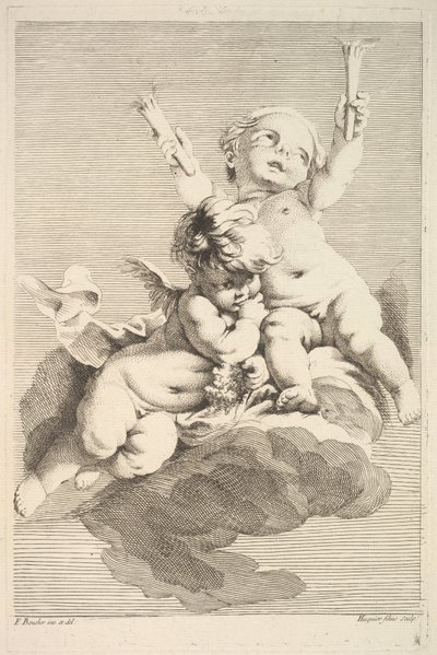 Two Cupids, One Holding Torches by Jacques Gabriel Huquier