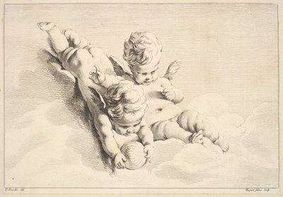Two Cupids, One Holding a Ball by Jacques Gabriel Huquier