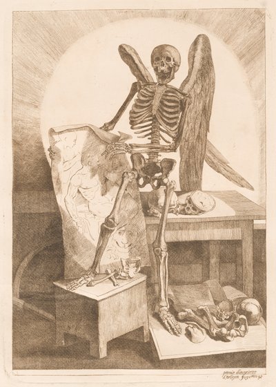 A Winged Skeleton Holding an Anatomical Drawing by Jacques Gamelin