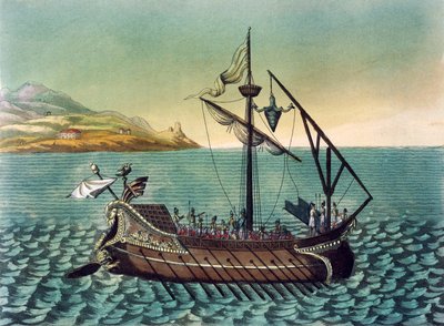 Duilius Corvus on Roman Galley Warship, engraving from Ancient Rome by Jacques Grasset de Saint Sauveur