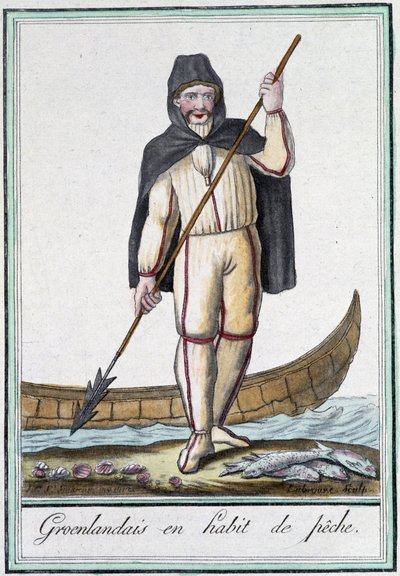 Greenlander in fishing outfit - in Encyclopedia of Travels by Grasset Saint Sauveur, ed. Paris 1796 by Jacques Grasset de Saint Sauveur