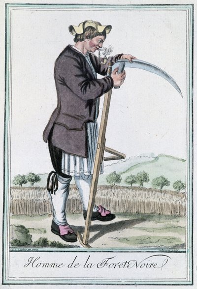 Man of the Black Forest, sharpening his scythe for the harvest - in Encyclopedia of Voyages by Grasset St Sauveur, ed. Deroy, Paris by Jacques Grasset de Saint Sauveur