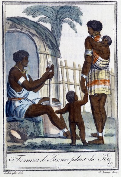 Women of Issinie pounding rice - in Encyclopedia of Travels by Grasset St Sauveur, ed. 1796 by Jacques Grasset de Saint Sauveur